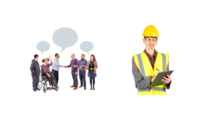 Group of people talking. Man in hard hat and high vis.