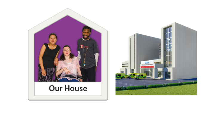 House with people inside. Hospital building with ambulances and hospital entrance.