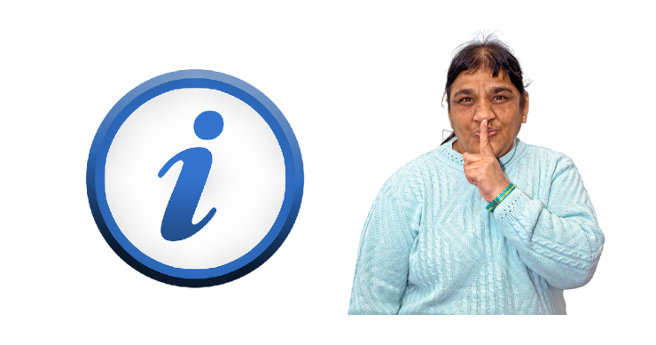 Information symbol and person doing 'shhhh' symbol.