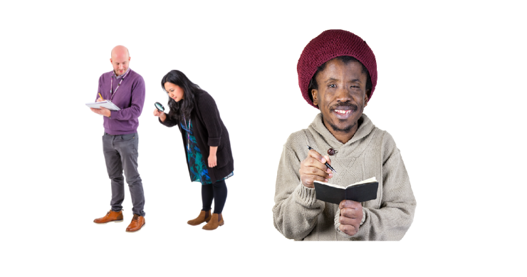 Man and woman inspecting something with a magnifying glass. Man writing something down in a notebook.