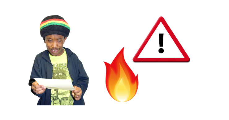 Man reading a letter. Fire. Triangle warning sign.