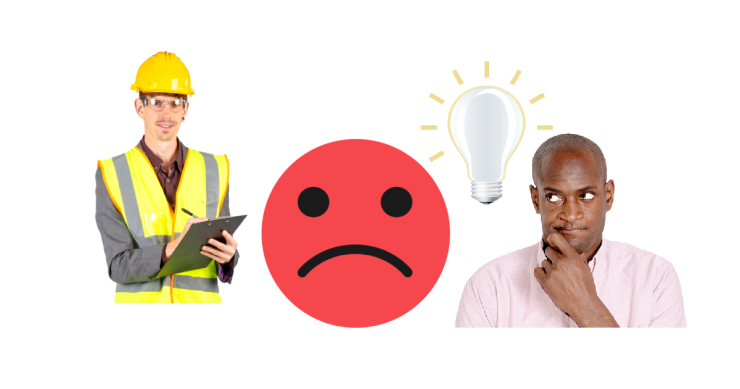 Man with high vis and helmet. Sad face. Man with lightbulb near head.