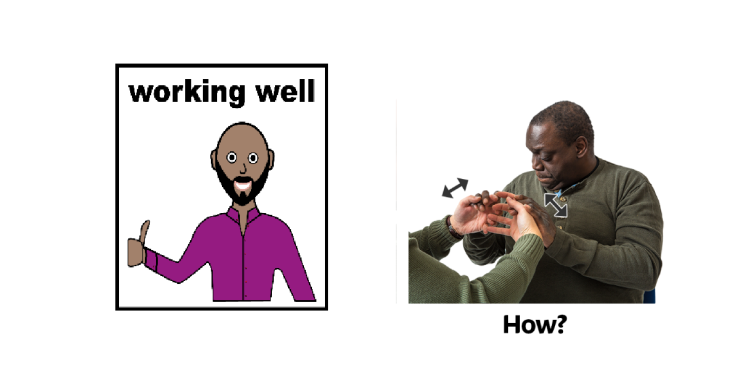 Man with thumbs up underneath text saying 'working well'. How in BSL.