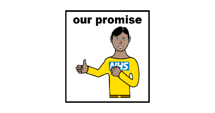 Drawing of man with thumbs up, underneath text saying 'our promise'.