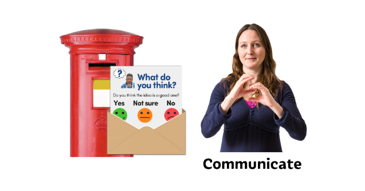 Postbox with a survey letter next to it. Woman signing 'communicate'.