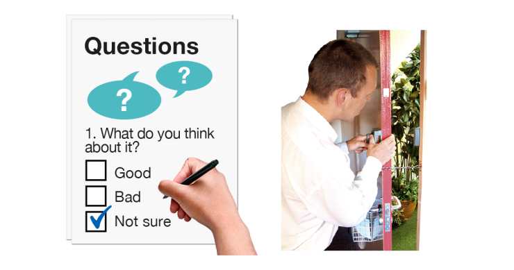 Questionnaire with hand filling it out. Man taking his door off the chain.