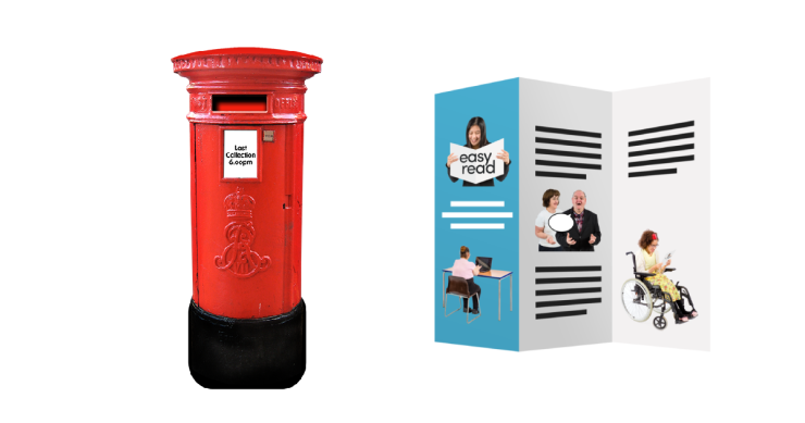 Red post box and easy read leaflet.