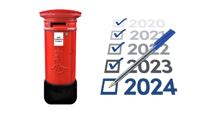 Red postbox. Years and ticked off check boxes.