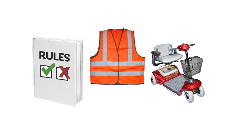 Rule book. Orange safety vest. Electric mobility scooter.