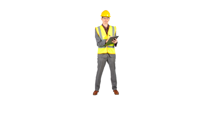Safety person wearing hard hat, high vis and writing on a clipboard.