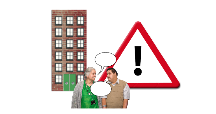 Tall building and triangle warning sign with people speaking in front.