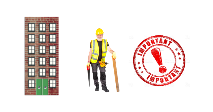 Tall building. Maintenance man. Important symbol