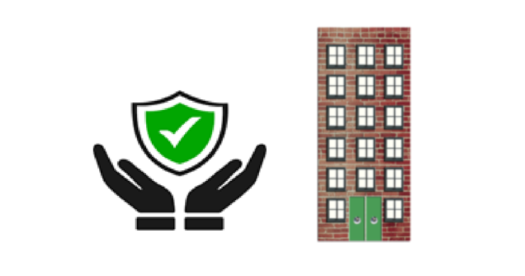 Two hands holding up a green tick. Tall building.