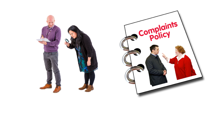 Two people inspecting with a magnifying glass. Complaints policy booklet.