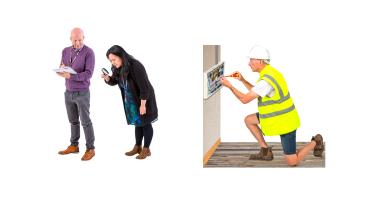 Two people inspecting with a magnifying glass. Electrician working with an electric panel.