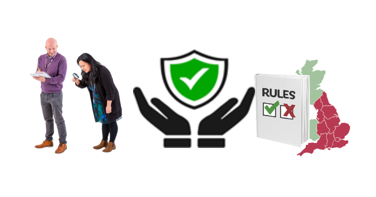 Two people invesitgating with a magnifying glass. Safety symbol. Rule book next to map of great britain