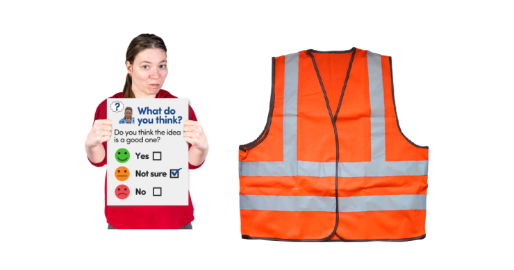 Woman with questionnaire. Orange safety vest.