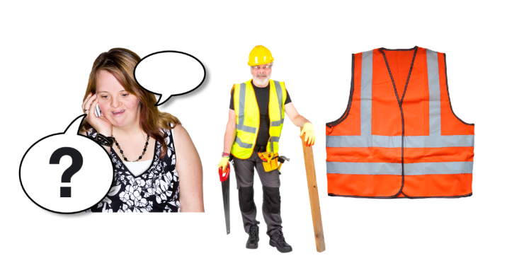 Woman asking questions on the phone. Maintenance man. Orange safety vest.