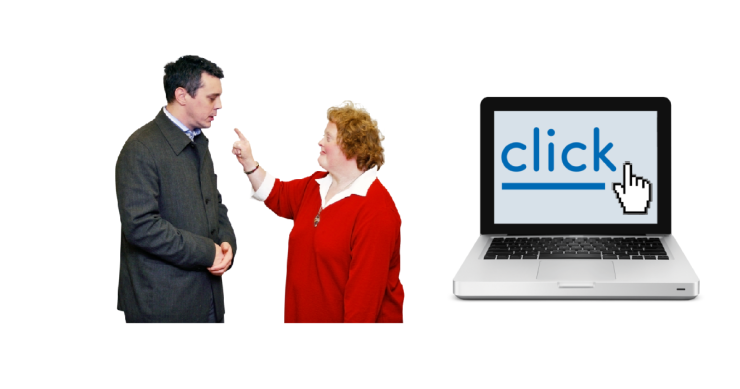Woman complaining to man. Laptop.