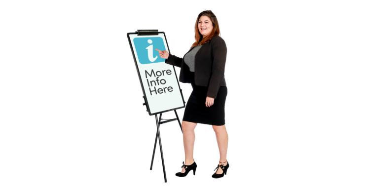 Woman in a suit pointing to a sign that says 'more info here'.