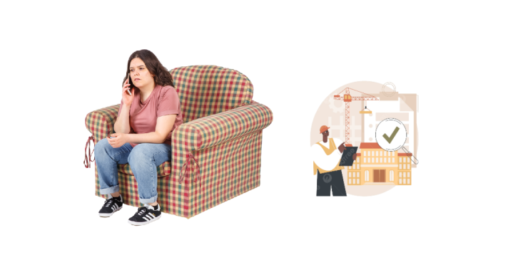 Woman in chair on phone. Cartoon of man checking a building.