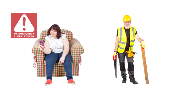 Woman in chair with alert symbol. Maintenance man with hard hat and high vis with toolbelt, saw and piece of wood.