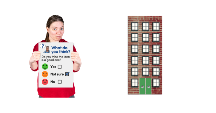 Woman standing with questionnaire and tall building.