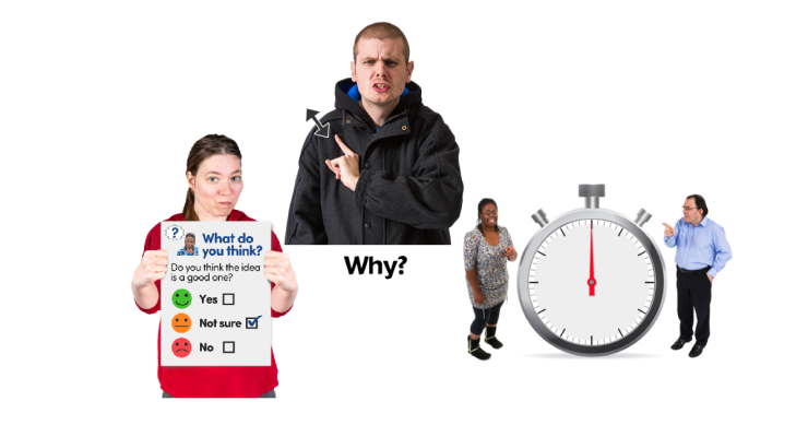 Woman with questionnaire. Man signing Why in BSL. Two people standing by a stopwatch.