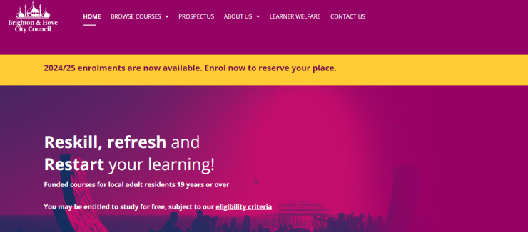 Screenshot of the Adult Education homepage.