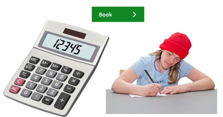 Book button above a calculator and person sitting at a desk writing.