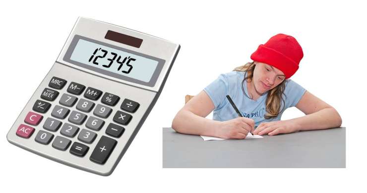 Composite image of a calculator and a person at a desk writing.