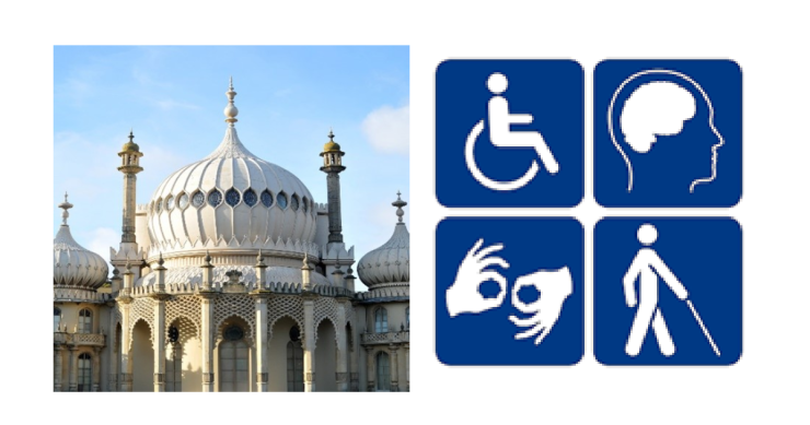 Brighton pavilion and symbols for multiple disabilities: wheelchair, learning disability, deaf and blind.