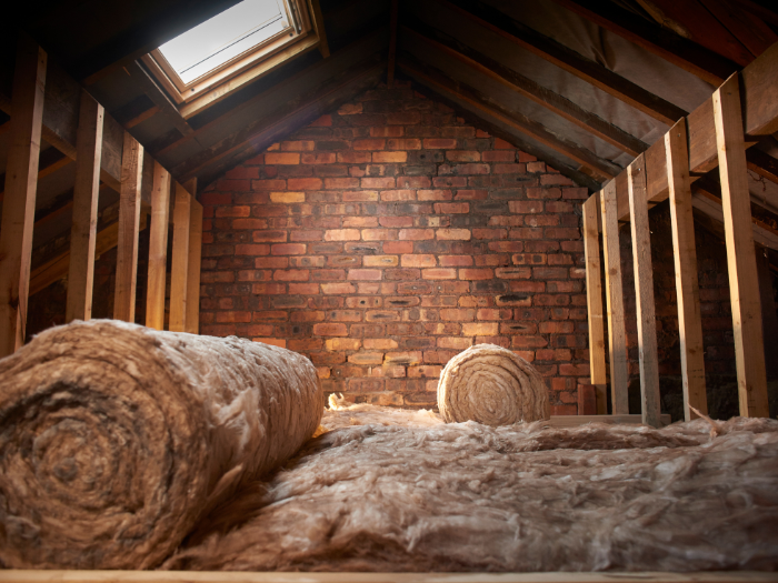 Photograph of a loft space with rolled up insulation on the ground.