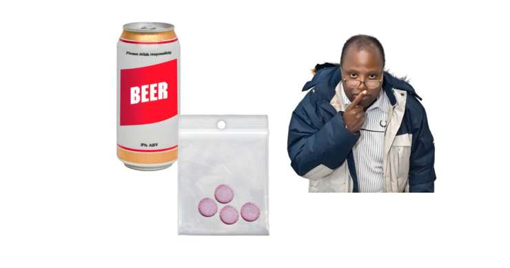 A beer can, pink pills in a bag, and a man with a finger over his lips