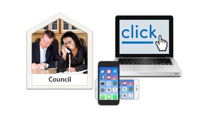 Woman on phone and man in suit in a house shape representing the council, laptop and iphone