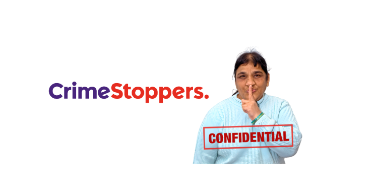 Crimestoppers logo and woman with finger to lips with text reading 'confidential'