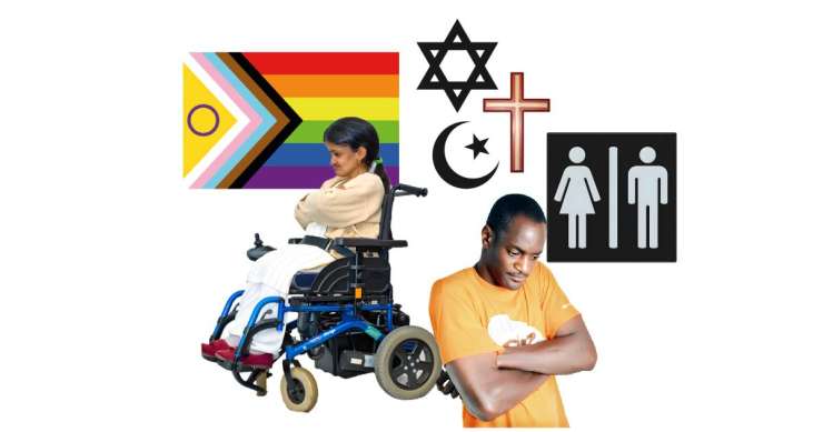 Woman in a wheelchair looking sad. Man looking sad with crossed arms. Progress Pride flag, various religious symbols and a male and female sign.