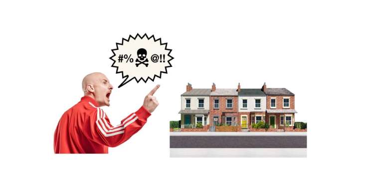 Man shouting abuse and a row of houses