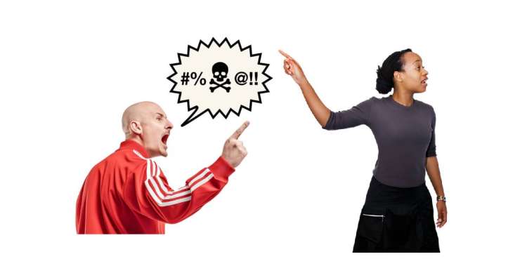 Man pointing and shouting hate speech. Woman telling someone else about the man shouting.