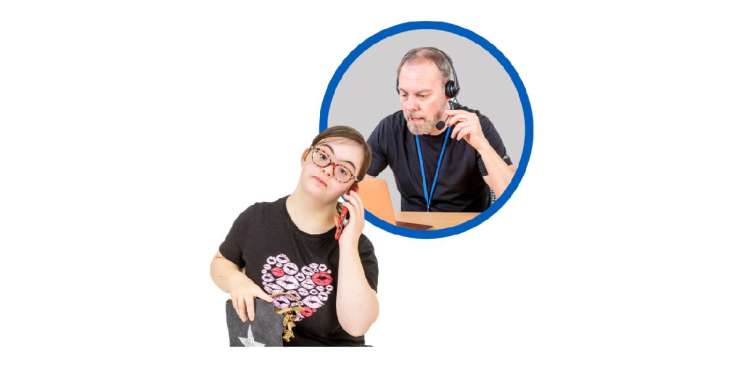 Woman on the phone, and a man talking in to a headset in a bubble behind her
