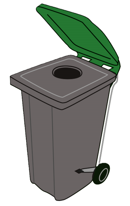 A shared food waste bin for those living in a block of flats. It is a large grey wheelie bin with two back wheels, there is a circular hole in the top of the bin, and a green lid that, once closed, covers the hole.