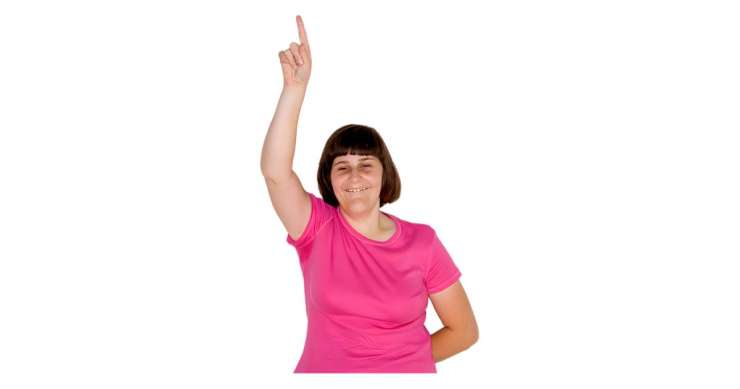 Person standing with their hand raised and pointing their finger up.