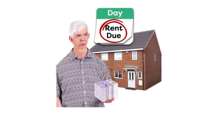 Person holding money in front of a house with a calendar date reminding them that rent is due.