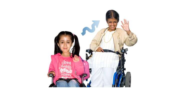 Young person next to an arrow point up to an older person.