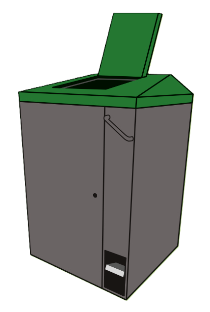 An on-street communal waste bin. It is dark grey with a green lid. A pedal in the bottom right corner operates the lid.