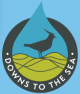Logo for the Downs to the Sea project showing a bird sitting on hills within a water droplet