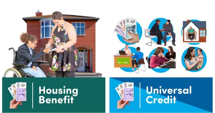 Two images showing people get help with Housing benefit and Universal Credit.