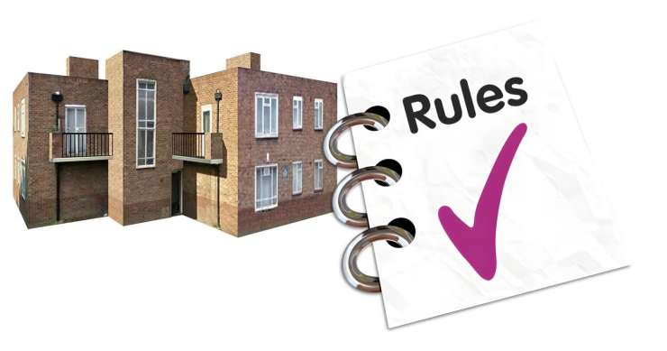 An easy read image of a block of flats next to a rule book to represent council housing policy.