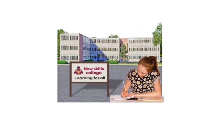 Young person writing in a book with a school building in the background.