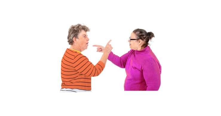Two older adults in a heated discussion, gesturing at each other.